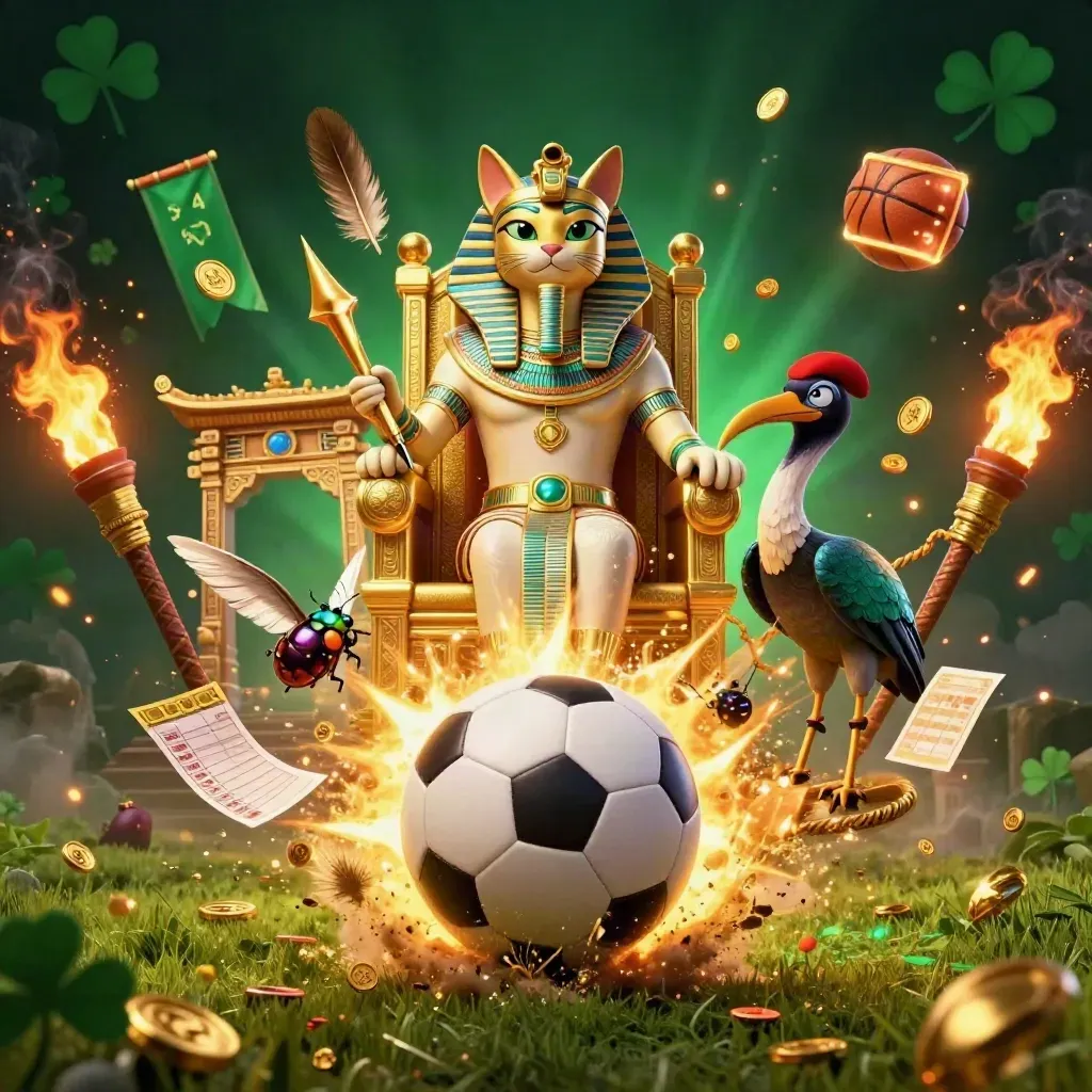 Pharaohkatt på tron, fotboll i luften, mynt, skarabéer och casinoglöd i mörkgrönt ljus.