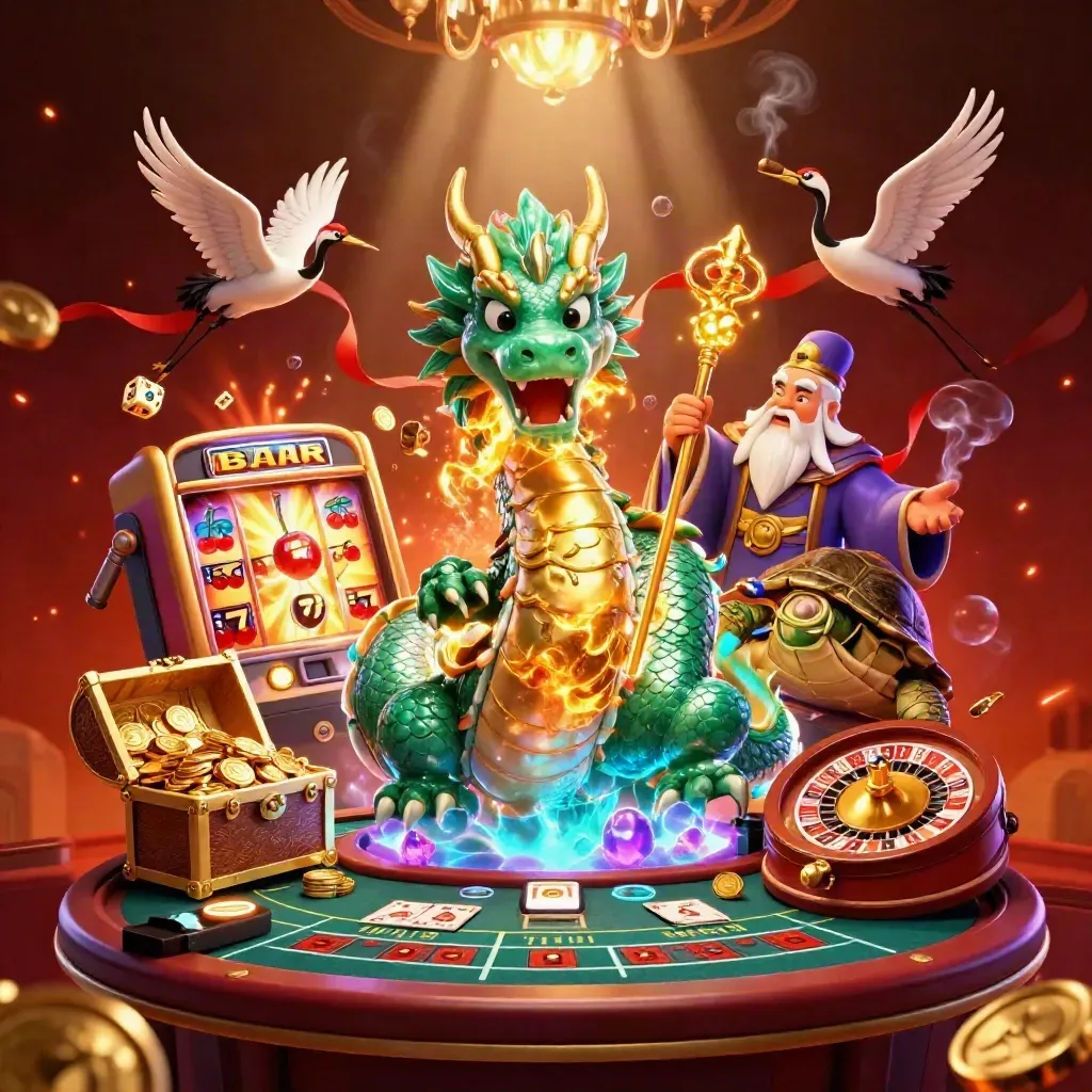 Drake, sköldpadda och tranor i ett lyxigt casino med guld, eld och neonljus.
